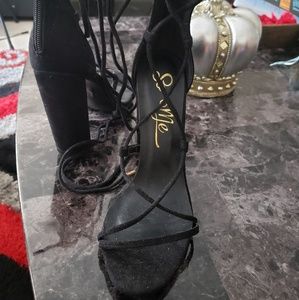 Black suede strappy block heels